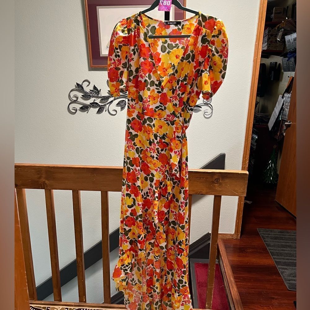 NWOT Sugarlips Orange Red Sundress, Puff Sleeves, Wrap Dress Size Medium #087